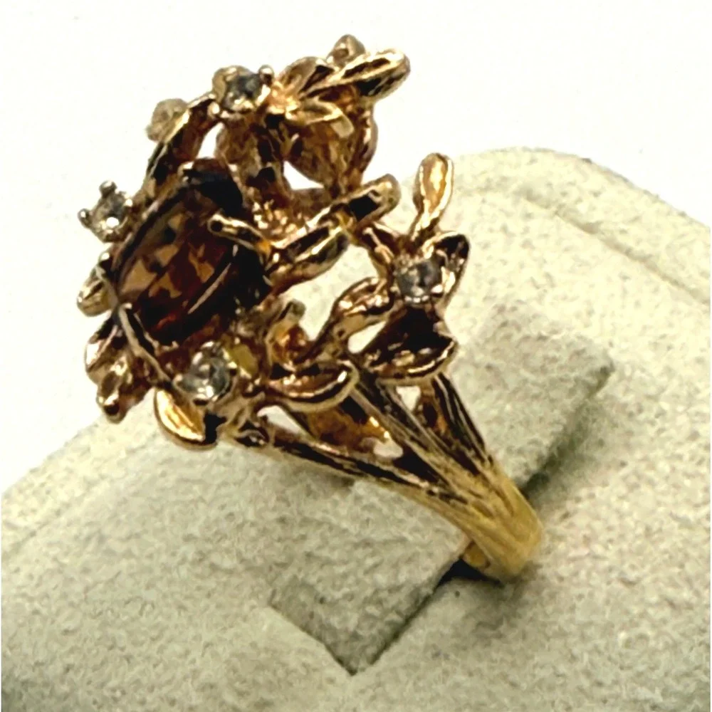 Vintage Gold Electroplated Smoky Topaz Glass Floral Ring Size 6 18K GHE